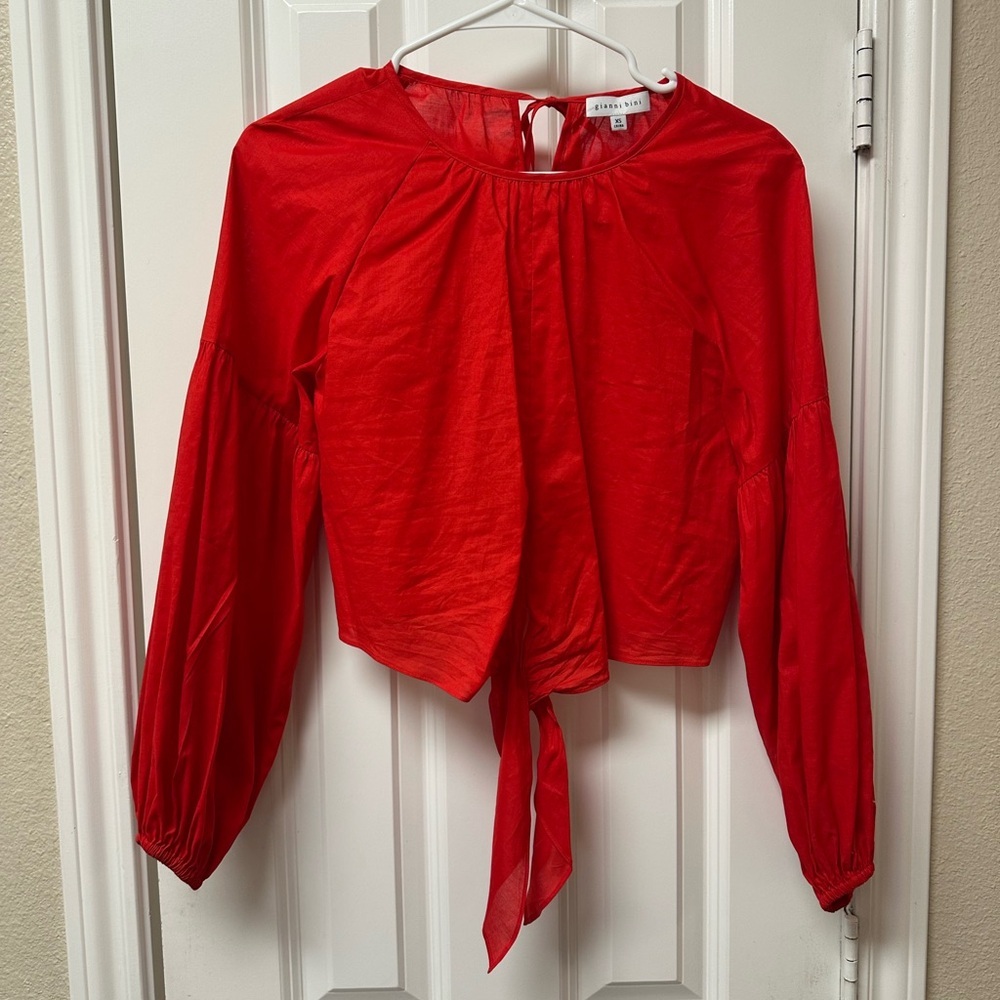 Gianni‎ Bini Red Cropped Puff Sleeve Tie Front Blouse Top XS